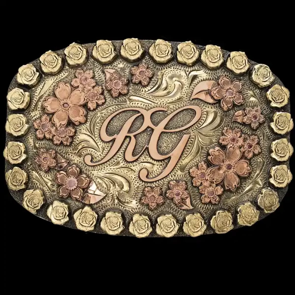 The Roseville custom belt buckle is hand-crafted on Jeweler's Bronze with copper floral accents and CZ stones. Customize with your brand, initials, or figure.